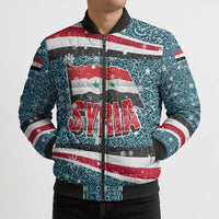 Syria Christmas Bomber Puffer Jacket with National Flag Motif, Coat of Arms Eagle, and Festive Snowflake Pattern - Wonder Print Shop