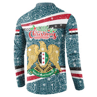 Syria Christmas Button Sweatshirt with National Flag Motif, Coat of Arms Eagle, and Festive Snowflake Pattern - Wonder Print Shop