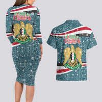 Syria Christmas Couples Matching Long Sleeve Bodycon Dress and Hawaiian Shirt with National Flag Motif, Coat of Arms Eagle, and Festive Snowflake Pattern - Wonder Print Shop