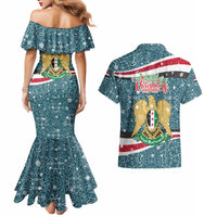 Syria Christmas Couples Matching Mermaid Dress and Hawaiian Shirt with National Flag Motif, Coat of Arms Eagle, and Festive Snowflake Pattern - Wonder Print Shop