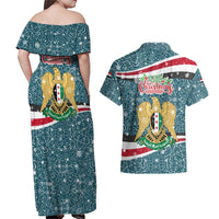 Syria Christmas Couples Matching Off Shoulder Maxi Dress and Hawaiian Shirt with National Flag Motif, Coat of Arms Eagle, and Festive Snowflake Pattern - Wonder Print Shop