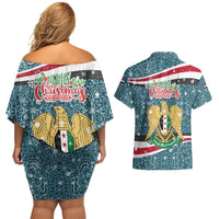 Syria Christmas Couples Matching Off Shoulder Short Dress and Hawaiian Shirt with National Flag Motif, Coat of Arms Eagle, and Festive Snowflake Pattern - Wonder Print Shop