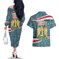 Syria Christmas Couples Matching Off The Shoulder Long Sleeve Dress and Hawaiian Shirt with National Flag Motif, Coat of Arms Eagle, and Festive Snowflake Pattern - Wonder Print Shop