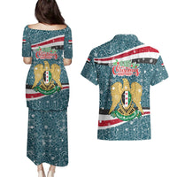 Syria Christmas Couples Matching Puletasi and Hawaiian Shirt with National Flag Motif, Coat of Arms Eagle, and Festive Snowflake Pattern - Wonder Print Shop