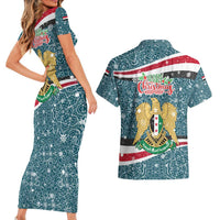 Syria Christmas Couples Matching Short Sleeve Bodycon Dress and Hawaiian Shirt with National Flag Motif, Coat of Arms Eagle, and Festive Snowflake Pattern - Wonder Print Shop