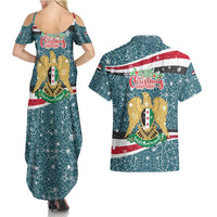 Syria Christmas Couples Matching Summer Maxi Dress and Hawaiian Shirt with National Flag Motif, Coat of Arms Eagle, and Festive Snowflake Pattern - Wonder Print Shop