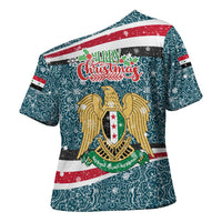 Syria Christmas Cross Shoulder Shirt with National Flag Motif, Coat of Arms Eagle, and Festive Snowflake Pattern - Wonder Print Shop