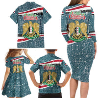 Syria Christmas Family Matching Long Sleeve Bodycon Dress and Hawaiian Shirt with National Flag Motif, Coat of Arms Eagle, and Festive Snowflake Pattern - Wonder Print Shop