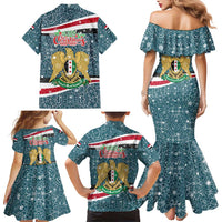 Syria Christmas Family Matching Mermaid Dress and Hawaiian Shirt with National Flag Motif, Coat of Arms Eagle, and Festive Snowflake Pattern - Wonder Print Shop