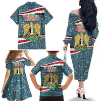 Syria Christmas Family Matching Off The Shoulder Long Sleeve Dress and Hawaiian Shirt with National Flag Motif, Coat of Arms Eagle, and Festive Snowflake Pattern - Wonder Print Shop