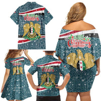 Syria Christmas Family Matching Off Shoulder Short Dress and Hawaiian Shirt with National Flag Motif, Coat of Arms Eagle, and Festive Snowflake Pattern - Wonder Print Shop