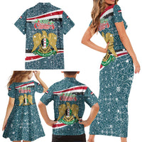 Syria Christmas Family Matching Short Sleeve Bodycon Dress and Hawaiian Shirt with National Flag Motif, Coat of Arms Eagle, and Festive Snowflake Pattern - Wonder Print Shop