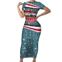 Syria Christmas Family Matching Short Sleeve Bodycon Dress and Hawaiian Shirt with National Flag Motif, Coat of Arms Eagle, and Festive Snowflake Pattern - Wonder Print Shop