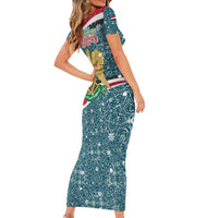 Syria Christmas Family Matching Short Sleeve Bodycon Dress and Hawaiian Shirt with National Flag Motif, Coat of Arms Eagle, and Festive Snowflake Pattern - Wonder Print Shop