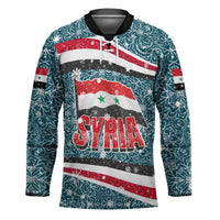 Syria Christmas Hockey Jersey with National Flag Motif, Coat of Arms Eagle, and Festive Snowflake Pattern - Wonder Print Shop