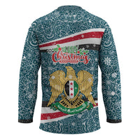 Syria Christmas Hockey Jersey with National Flag Motif, Coat of Arms Eagle, and Festive Snowflake Pattern - Wonder Print Shop