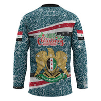 Syria Christmas Hockey Jersey with National Flag Motif, Coat of Arms Eagle, and Festive Snowflake Pattern - Wonder Print Shop