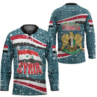 Syria Christmas Hockey Jersey with National Flag Motif, Coat of Arms Eagle, and Festive Snowflake Pattern - Wonder Print Shop