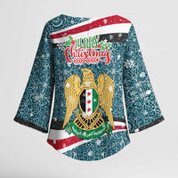 Syria Christmas Kimono Sleeve Blouse with National Flag Motif, Coat of Arms Eagle, and Festive Snowflake Pattern - Wonder Print Shop
