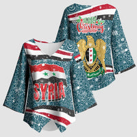 Syria Christmas Kimono Sleeve Blouse with National Flag Motif, Coat of Arms Eagle, and Festive Snowflake Pattern - Wonder Print Shop