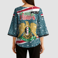 Syria Christmas Kimono Sleeve Blouse with National Flag Motif, Coat of Arms Eagle, and Festive Snowflake Pattern - Wonder Print Shop