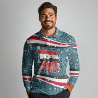 Syria Christmas Long Sleeve Polo Shirt with National Flag Motif, Coat of Arms Eagle, and Festive Snowflake Pattern - Wonder Print Shop