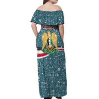Syria Christmas Off Shoulder Maxi Dress with National Flag Motif, Coat of Arms Eagle, and Festive Snowflake Pattern - Wonder Print Shop
