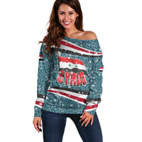 Syria Christmas Off Shoulder Sweater with National Flag Motif, Coat of Arms Eagle, and Festive Snowflake Pattern - Wonder Print Shop