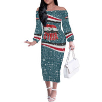 Syria Christmas Off The Shoulder Long Sleeve Dress with National Flag Motif, Coat of Arms Eagle, and Festive Snowflake Pattern - Wonder Print Shop