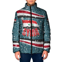 Syria Christmas Padded Jacket with National Flag Motif, Coat of Arms Eagle, and Festive Snowflake Pattern - Wonder Print Shop