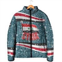 Syria Christmas Padded Jacket with National Flag Motif, Coat of Arms Eagle, and Festive Snowflake Pattern - Wonder Print Shop