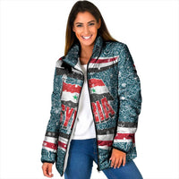 Syria Christmas Padded Jacket with National Flag Motif, Coat of Arms Eagle, and Festive Snowflake Pattern - Wonder Print Shop