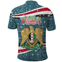 Syria Christmas Polo Shirt with National Flag Motif, Coat of Arms Eagle, and Festive Snowflake Pattern - Wonder Print Shop