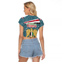 Syria Christmas Raglan Cropped T Shirt with National Flag Motif, Coat of Arms Eagle, and Festive Snowflake Pattern - Wonder Print Shop