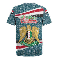 Syria Christmas Rugby Jersey with National Flag Motif, Coat of Arms Eagle, and Festive Snowflake Pattern - Wonder Print Shop