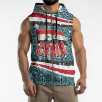 Syria Christmas Sleeveless Zip Hoodie with National Flag Motif, Coat of Arms Eagle, and Festive Snowflake Pattern - Wonder Print Shop