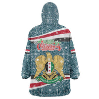 Syria Christmas Wearable Blanket Hoodie with National Flag Motif, Coat of Arms Eagle, and Festive Snowflake Pattern - Wonder Print Shop