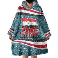 Syria Christmas Wearable Blanket Hoodie with National Flag Motif, Coat of Arms Eagle, and Festive Snowflake Pattern - Wonder Print Shop