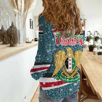 Syria Christmas Women Casual Shirt with National Flag Motif, Coat of Arms Eagle, and Festive Snowflake Pattern - Wonder Print Shop