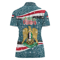 Syria Christmas Women Polo Shirt with National Flag Motif, Coat of Arms Eagle, and Festive Snowflake Pattern - Wonder Print Shop