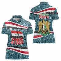 Syria Christmas Women Polo Shirt with National Flag Motif, Coat of Arms Eagle, and Festive Snowflake Pattern - Wonder Print Shop