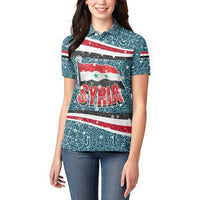 Syria Christmas Women Polo Shirt with National Flag Motif, Coat of Arms Eagle, and Festive Snowflake Pattern - Wonder Print Shop
