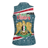Syria Christmas Women Sleeveless Polo Shirt with National Flag Motif, Coat of Arms Eagle, and Festive Snowflake Pattern - Wonder Print Shop