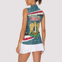 Syria Christmas Women Sleeveless Polo Shirt with National Flag Motif, Coat of Arms Eagle, and Festive Snowflake Pattern - Wonder Print Shop