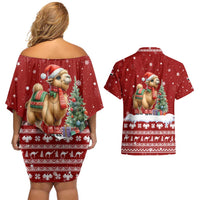 Syria Christmas Couples Matching Off Shoulder Short Dress and Hawaiian Shirt with Golden Eagle Emblem Christmas Camel Scene - Wonder Print Shop