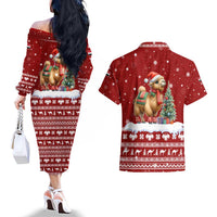 Syria Christmas Couples Matching Off The Shoulder Long Sleeve Dress and Hawaiian Shirt with Golden Eagle Emblem Christmas Camel Scene - Wonder Print Shop