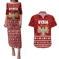Syria Christmas Couples Matching Puletasi and Hawaiian Shirt with Golden Eagle Emblem Christmas Camel Scene - Wonder Print Shop
