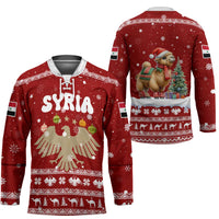 Syria Christmas Hockey Jersey with Golden Eagle Emblem Christmas Camel Scene - Wonder Print Shop