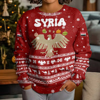 Syria Christmas Kid Ugly Christmas Sweater with Golden Eagle Emblem Christmas Camel Scene - Wonder Print Shop