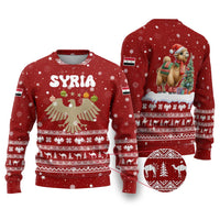 Syria Christmas Ugly Christmas Sweater with Golden Eagle Emblem Christmas Camel Scene - Wonder Print Shop